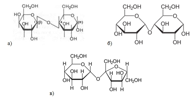  Структурные формулы дисахаридов: а) лактоза; б) мальтоза; в) сахароза.