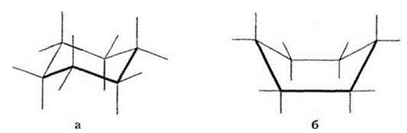 Пространственное строение молекулы циклогексана. Конформации: а) кресла; б) ванны.