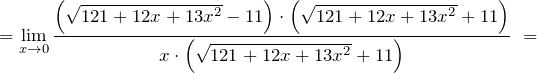 \[={\mathop{\lim }_{x\to 0} \frac{\left(\sqrt{121+12x+13x^2}-11\right)\cdot \left(\sqrt{121+12x+13x^2}+11\right)}{x\cdot \left(\sqrt{121+12x+13x^2}+11\right)}\ }=\]