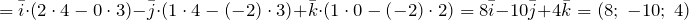 \[=\bar{i}\cdot \left(2\cdot 4-0\cdot 3\right)-\bar{j}\cdot \left(1\cdot 4-\left(-2\right)\cdot 3\right)+\bar{k}\cdot \left(1\cdot 0-\left(-2\right)\cdot 2\right)=8\bar{i}-10\bar{j}+4\bar{k}=\left(8;\; -10;\; 4\right)\]
