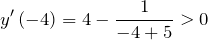 \[y'\left(-4\right)=4-\frac{1}{-4+5}>0\]