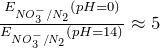 \frac{E_{NO_3^-/N_2}(pH = 0)}{E_{NO_3^-/N_2}(pH = 14)} \approx 5