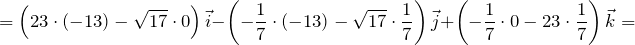 \[ =\left(23\cdot(-13)-\sqrt{17}\cdot0\right)\vec{i}-\left(-\frac{1}{7}\cdot(-13)-\sqrt{17}\cdot\frac{1}{7}\right)\vec{j}+\left(-\frac{1}{7}\cdot0-23\cdot\frac{1}{7}\right)\vec{k}= \]