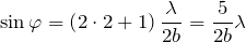 \[{\sin \varphi} =\left(2\cdot 2+1\right)\frac{\lambda} {2b}=\frac{5}{2b}\lambda \]