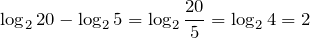 \[\log _{2} 20-\log _{2} 5=\log _{2} \frac{20}{5} =\log _{2} 4=2\]