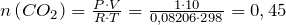 n\left ( CO_2 \right )=\frac{P\cdot V}{R\cdot T}=\frac{1\cdot 10}{0,08206\cdot 298}=0,45