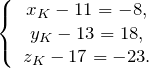 \[\left\{ \begin{array}{c} x_K-11=-8, \\ y_K-13=18, \\ z_K-17=-23. \end{array} \right.\]