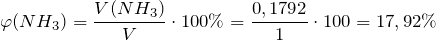 \[   \varphi (NH_3) = \frac{V(NH_3)}{V} \cdot 100 \% = \frac{0,1792}{1} \cdot 100 = 17,92 \% \]