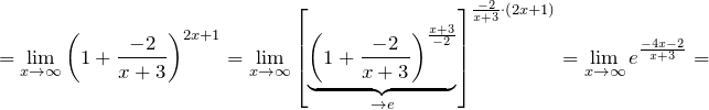 \[=\underset{x\to \infty }{\mathop{\lim }}\,{{\left( 1+\frac{-2}{x+3} \right)}^{2x+1}}=\underset{x\to \infty }{\mathop{\lim }}\,{{\left[ \underbrace{{{\left( 1+\frac{-2}{x+3} \right)}^{\frac{x+3}{-2}}}}_{\to e} \right]}^{\frac{-2}{x+3}\cdot \left( 2x+1 \right)}}=\underset{x\to \infty }{\mathop{\lim }}\,{{e}^{\frac{-4x-2}{x+3}}}=\]