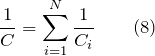 [frac<1></noscript><C>=sum^N_<i=1><frac<1><C_i>> qquad(8)]»/></p> <p>Если последовательно соединены N конденсаторов, с емкостями <img decoding=