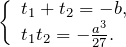 \[\left\{\begin{array}{l} {t_{1} +t_{2} =-b,} \\ {t_{1} t_{2} =-\frac{a^{3} }{27} .} \end{array}\right \]